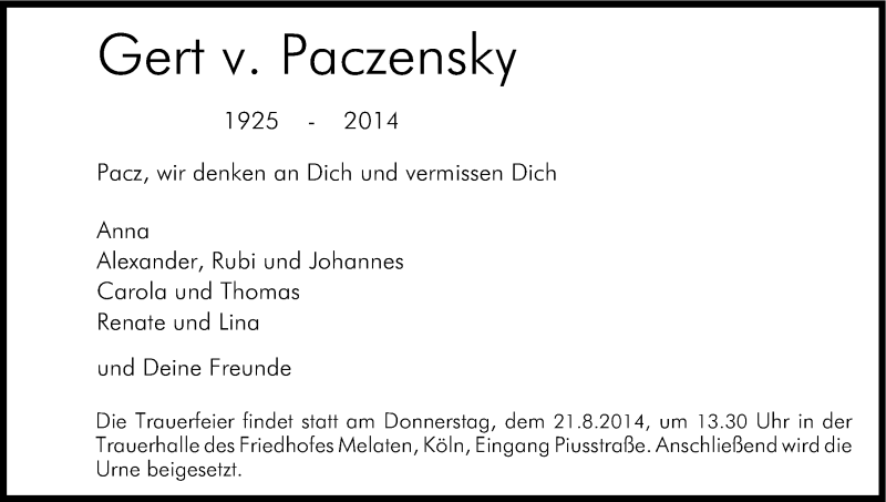  Traueranzeige für Gert von Paczensky vom 06.08.2014 aus Kölner Stadt-Anzeiger / Kölnische Rundschau / Express