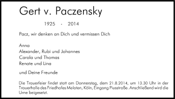Anzeige von Gert von Paczensky von Kölner Stadt-Anzeiger / Kölnische Rundschau / Express