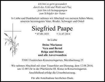 Anzeige von Siegfried Paape von Kölner Stadt-Anzeiger / Kölnische Rundschau / Express