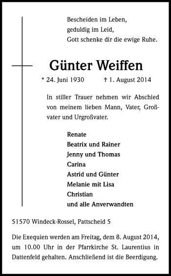 Anzeige von Günter Weiffen von Kölner Stadt-Anzeiger / Kölnische Rundschau / Express