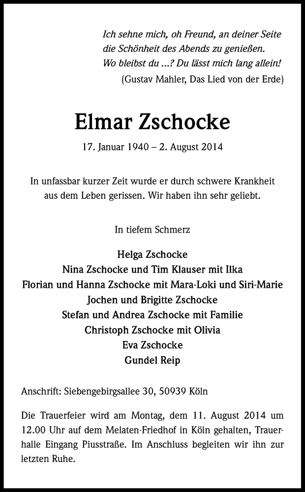  Traueranzeige für Elmar Zschocke vom 06.08.2014 aus Kölner Stadt-Anzeiger / Kölnische Rundschau / Express