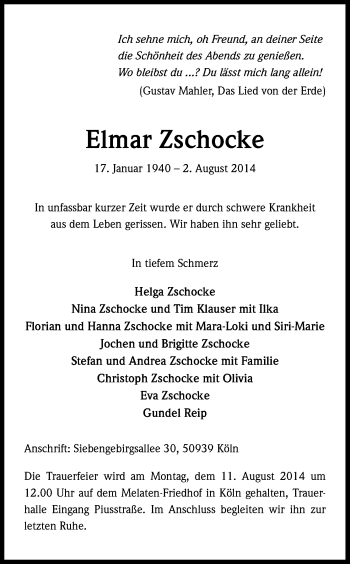 Anzeige von Elmar Zschocke von Kölner Stadt-Anzeiger / Kölnische Rundschau / Express