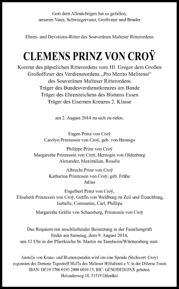 Anzeige von Clemens  Prinz von Croy von Kölner Stadt-Anzeiger / Kölnische Rundschau / Express