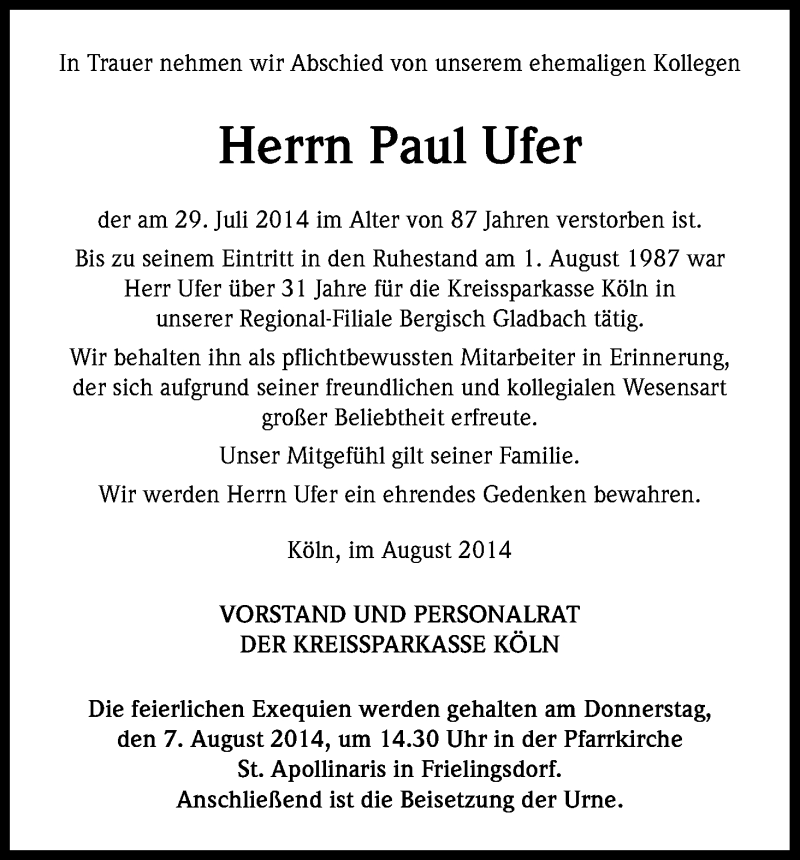  Traueranzeige für Paul Ufer vom 06.08.2014 aus Kölner Stadt-Anzeiger / Kölnische Rundschau / Express