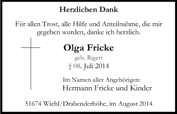 Anzeige von Olga Fricke von Kölner Stadt-Anzeiger / Kölnische Rundschau / Express