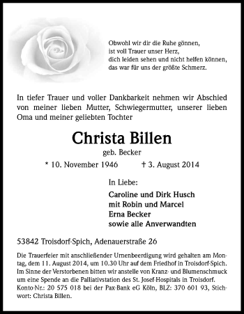 Anzeige von Christa Billen von Kölner Stadt-Anzeiger / Kölnische Rundschau / Express