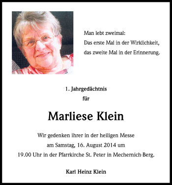 Anzeige von Marliese Klein von Kölner Stadt-Anzeiger / Kölnische Rundschau / Express
