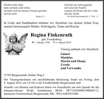 Anzeige von Regina Finkenrath von Kölner Stadt-Anzeiger / Kölnische Rundschau / Express