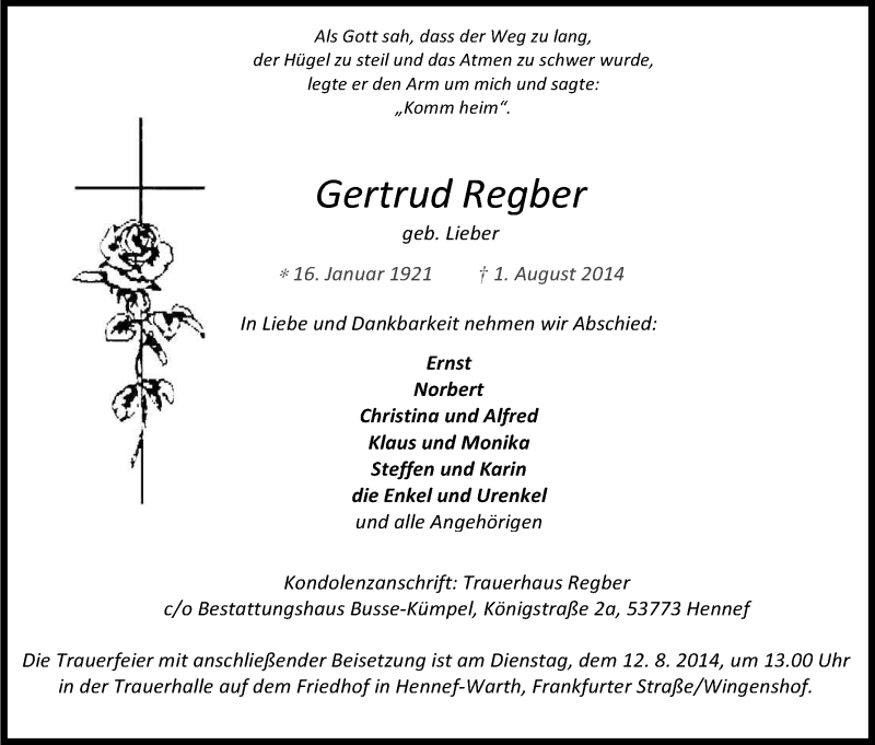  Traueranzeige für Gertrud Regber vom 06.08.2014 aus Kölner Stadt-Anzeiger / Kölnische Rundschau / Express