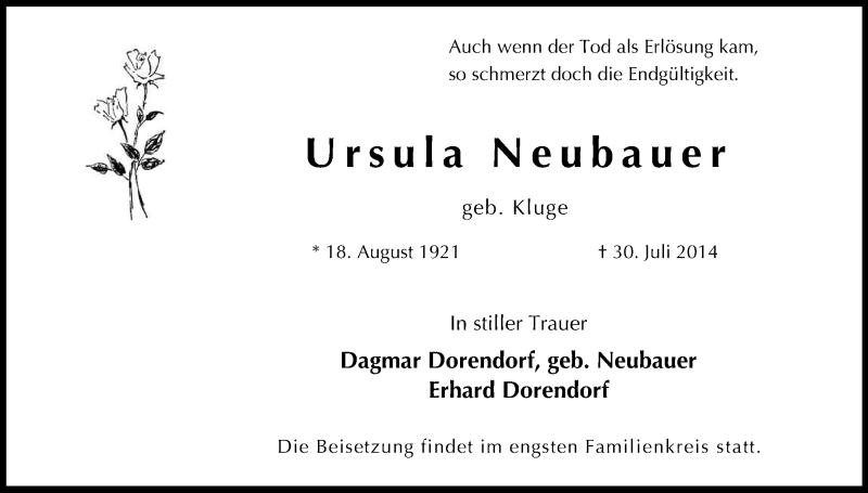  Traueranzeige für Ursula Neubauer vom 07.08.2014 aus Kölner Stadt-Anzeiger / Kölnische Rundschau / Express