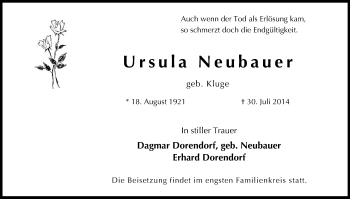 Anzeige von Ursula Neubauer von Kölner Stadt-Anzeiger / Kölnische Rundschau / Express