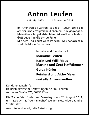 Anzeige von Anton Leufen von Kölner Stadt-Anzeiger / Kölnische Rundschau / Express