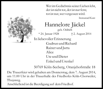 Anzeige von Hannelore Jäckel von Kölner Stadt-Anzeiger / Kölnische Rundschau / Express