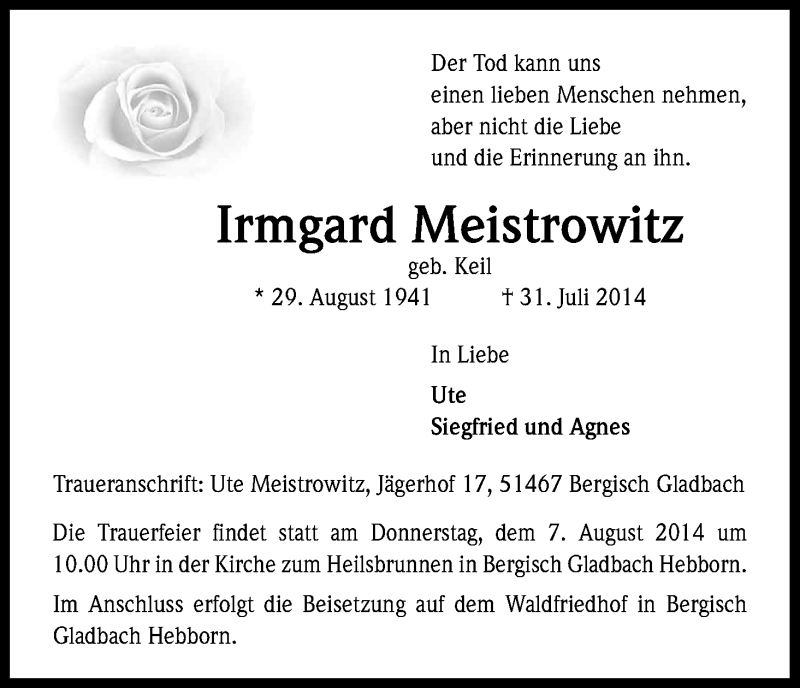  Traueranzeige für Irmgard Meistrowitz vom 06.08.2014 aus Kölner Stadt-Anzeiger / Kölnische Rundschau / Express