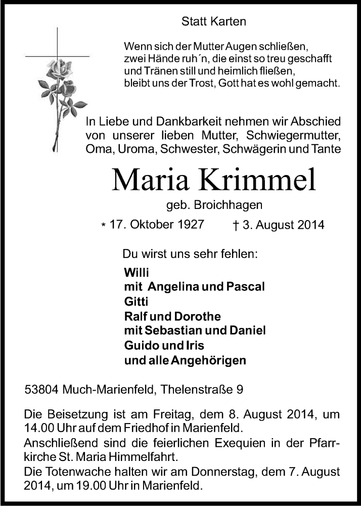  Traueranzeige für Maria Krimmel vom 06.08.2014 aus Kölner Stadt-Anzeiger / Kölnische Rundschau / Express