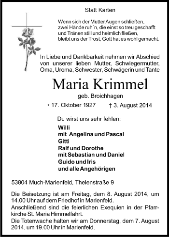Anzeige von Maria Krimmel von Kölner Stadt-Anzeiger / Kölnische Rundschau / Express