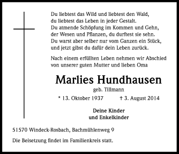 Anzeige von Marlies Hundhausen von Kölner Stadt-Anzeiger / Kölnische Rundschau / Express