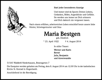 Anzeige von Maria Bestgen von Kölner Stadt-Anzeiger / Kölnische Rundschau / Express