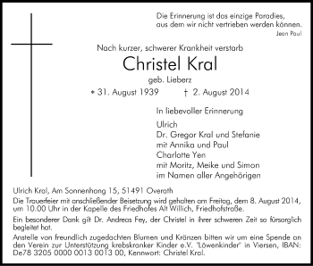 Anzeige von Christel Kra von Kölner Stadt-Anzeiger / Kölnische Rundschau / Express