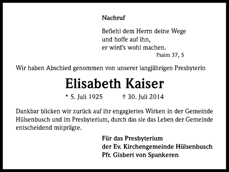  Traueranzeige für Elisabeth Kaiser vom 08.08.2014 aus Kölner Stadt-Anzeiger / Kölnische Rundschau / Express