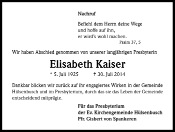 Anzeige von Elisabeth Kaiser von Kölner Stadt-Anzeiger / Kölnische Rundschau / Express