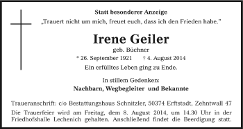 Anzeige von Irene Geiler von Kölner Stadt-Anzeiger / Kölnische Rundschau / Express