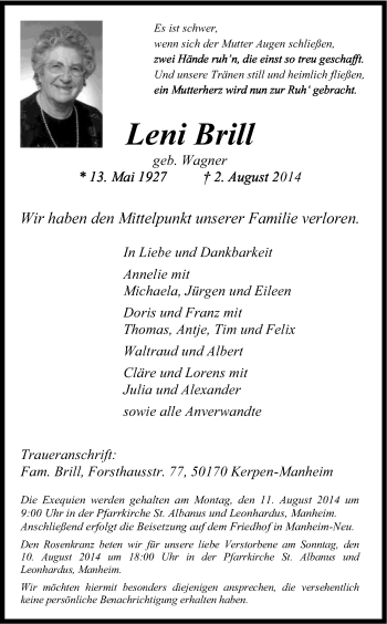 Anzeige von Leni Brill von Kölner Stadt-Anzeiger / Kölnische Rundschau / Express