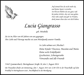 Anzeige von Lucia Giangrasso von Kölner Stadt-Anzeiger / Kölnische Rundschau / Express