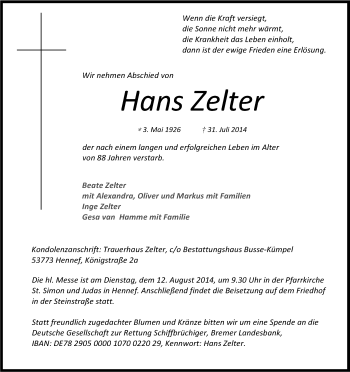Anzeige von Hans Zelter von Kölner Stadt-Anzeiger / Kölnische Rundschau / Express