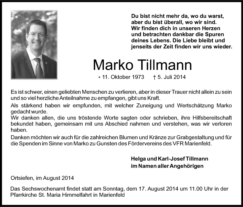  Traueranzeige für Marko Tillmann vom 09.08.2014 aus Kölner Stadt-Anzeiger / Kölnische Rundschau / Express