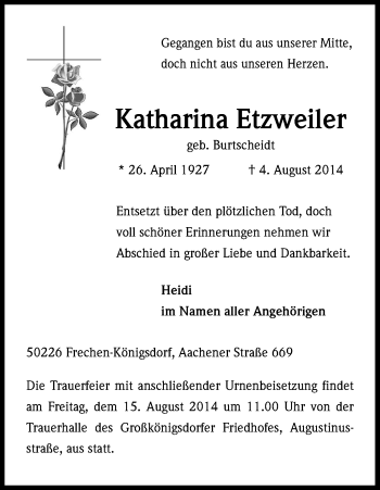 Anzeige von Katharina Etzweiler von Kölner Stadt-Anzeiger / Kölnische Rundschau / Express