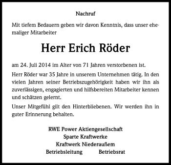 Anzeige von Erich Röder von Kölner Stadt-Anzeiger / Kölnische Rundschau / Express