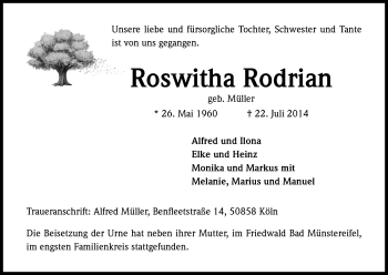 Anzeige von Roswitha Rodrian von Kölner Stadt-Anzeiger / Kölnische Rundschau / Express