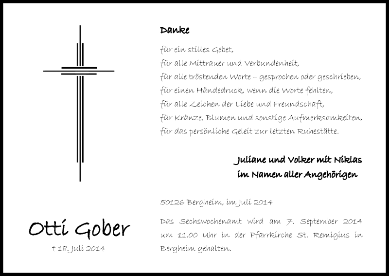  Traueranzeige für Otti Gober vom 30.08.2014 aus Kölner Stadt-Anzeiger / Kölnische Rundschau / Express