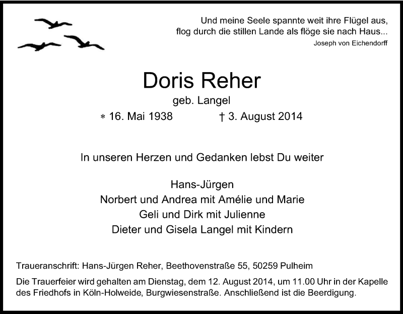  Traueranzeige für Doris Reher vom 07.08.2014 aus Kölner Stadt-Anzeiger / Kölnische Rundschau / Express