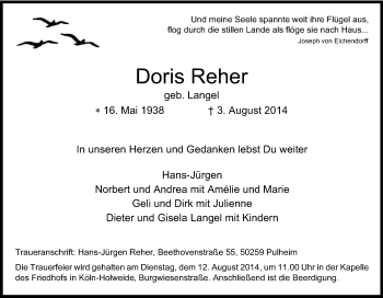 Anzeige von Doris Reher von Kölner Stadt-Anzeiger / Kölnische Rundschau / Express