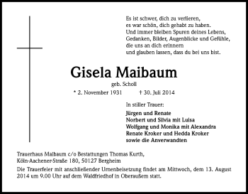 Anzeige von Gisela Maibaum von Kölner Stadt-Anzeiger / Kölnische Rundschau / Express