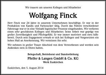 Anzeige von Wolfgang Finck von Kölner Stadt-Anzeiger / Kölnische Rundschau / Express