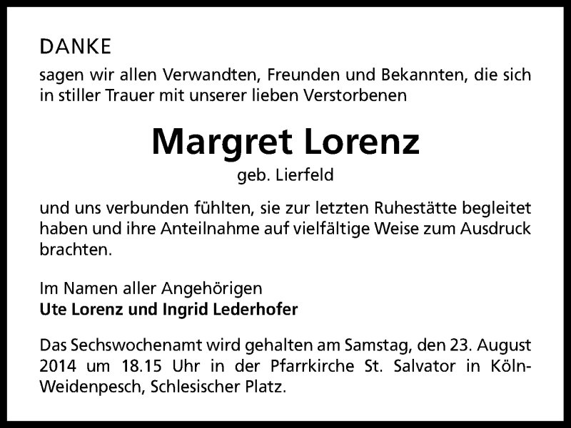  Traueranzeige für Margret Lorenz vom 09.08.2014 aus Kölner Stadt-Anzeiger / Kölnische Rundschau / Express