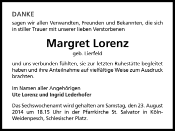 Anzeige von Margret Lorenz von Kölner Stadt-Anzeiger / Kölnische Rundschau / Express