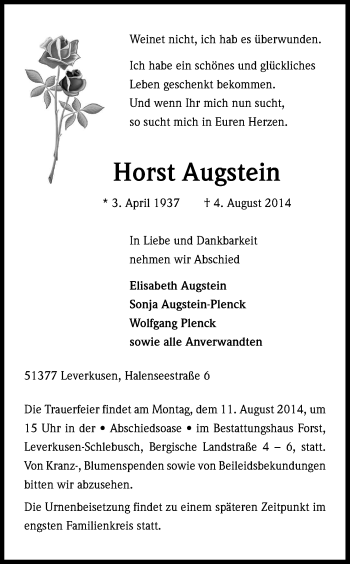 Anzeige von Horst Augstein von Kölner Stadt-Anzeiger / Kölnische Rundschau / Express