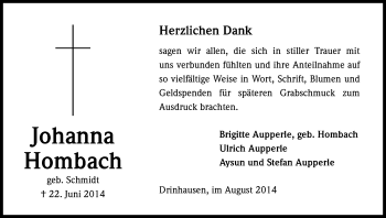Anzeige von Johanna Hombach von Kölner Stadt-Anzeiger / Kölnische Rundschau / Express