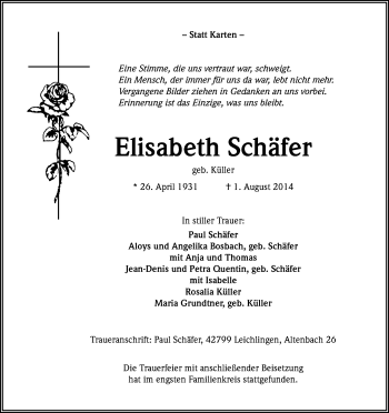 Anzeige von Elisabeth Schäfer von Kölner Stadt-Anzeiger / Kölnische Rundschau / Express
