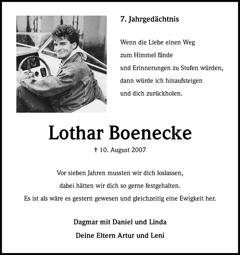  Traueranzeige für Lothar Boenecke vom 09.08.2014 aus Kölner Stadt-Anzeiger / Kölnische Rundschau / Express
