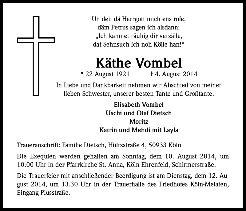  Traueranzeige für Katharina Vombel vom 09.08.2014 aus Kölner Stadt-Anzeiger / Kölnische Rundschau / Express