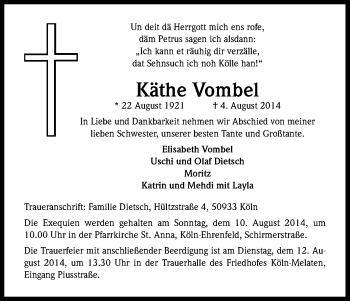 Anzeige von Katharina Vombel von Kölner Stadt-Anzeiger / Kölnische Rundschau / Express