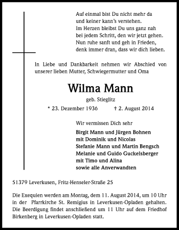Anzeige von Wilma Mann von Kölner Stadt-Anzeiger / Kölnische Rundschau / Express