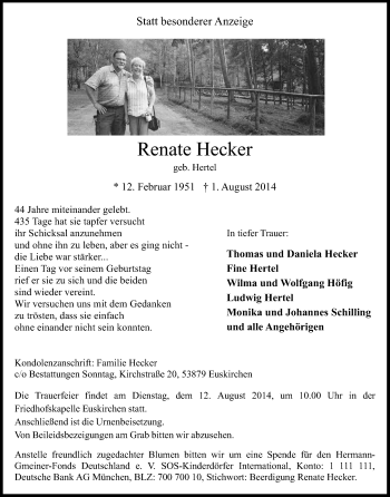 Anzeige von Renate Hecker von Kölner Stadt-Anzeiger / Kölnische Rundschau / Express