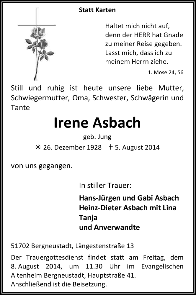  Traueranzeige für Irene Asbach vom 07.08.2014 aus Kölner Stadt-Anzeiger / Kölnische Rundschau / Express