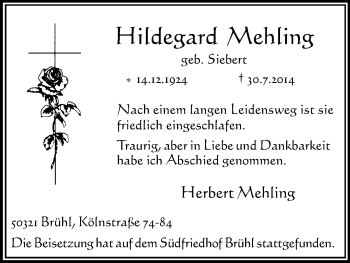Anzeige von Hildegard Mehling von Kölner Stadt-Anzeiger / Kölnische Rundschau / Express